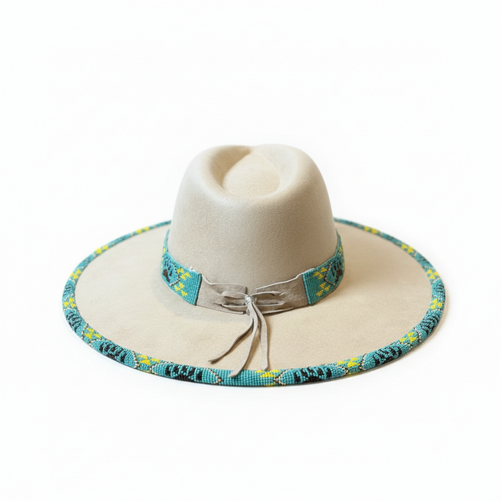 Turquoise Night Runner Hand-Beaded Felt Flat-Brim Hat