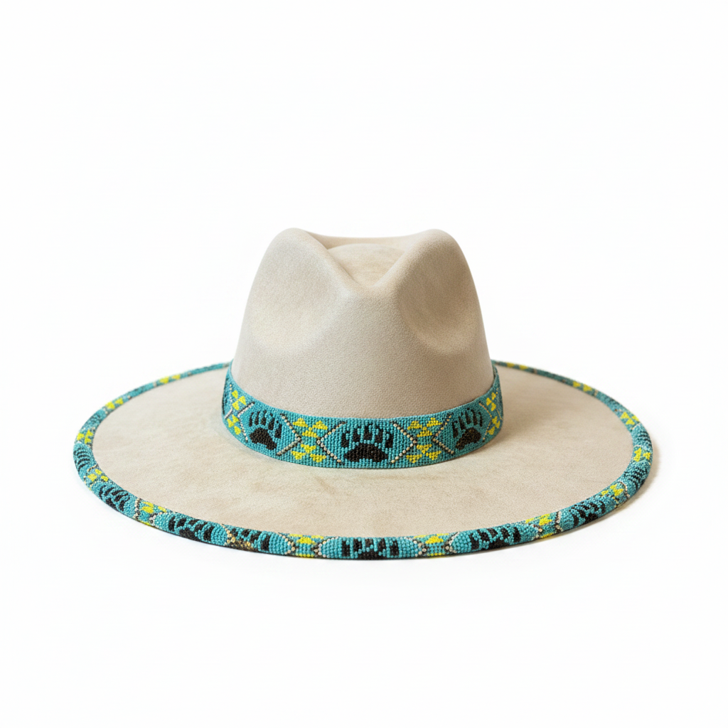 Turquoise Night Runner Hand-Beaded Felt Flat-Brim Hat