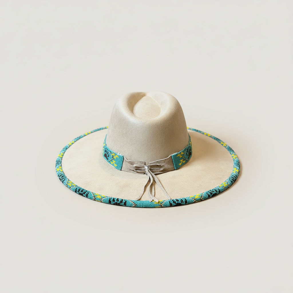 Turquoise Night Runner Hand-Beaded Felt Flat-Brim Hat