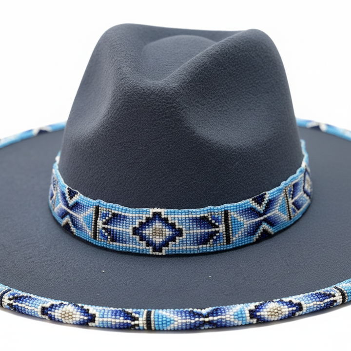 Blue Horizon Hand-Beaded Felt Flat-Brim Hat