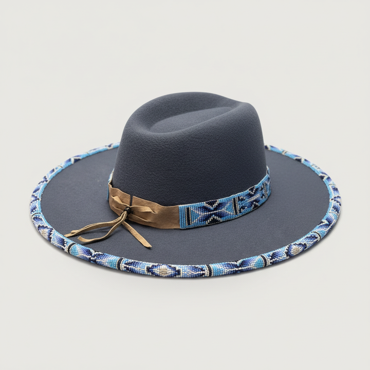 Blue Horizon Hand-Beaded Felt Flat-Brim Hat