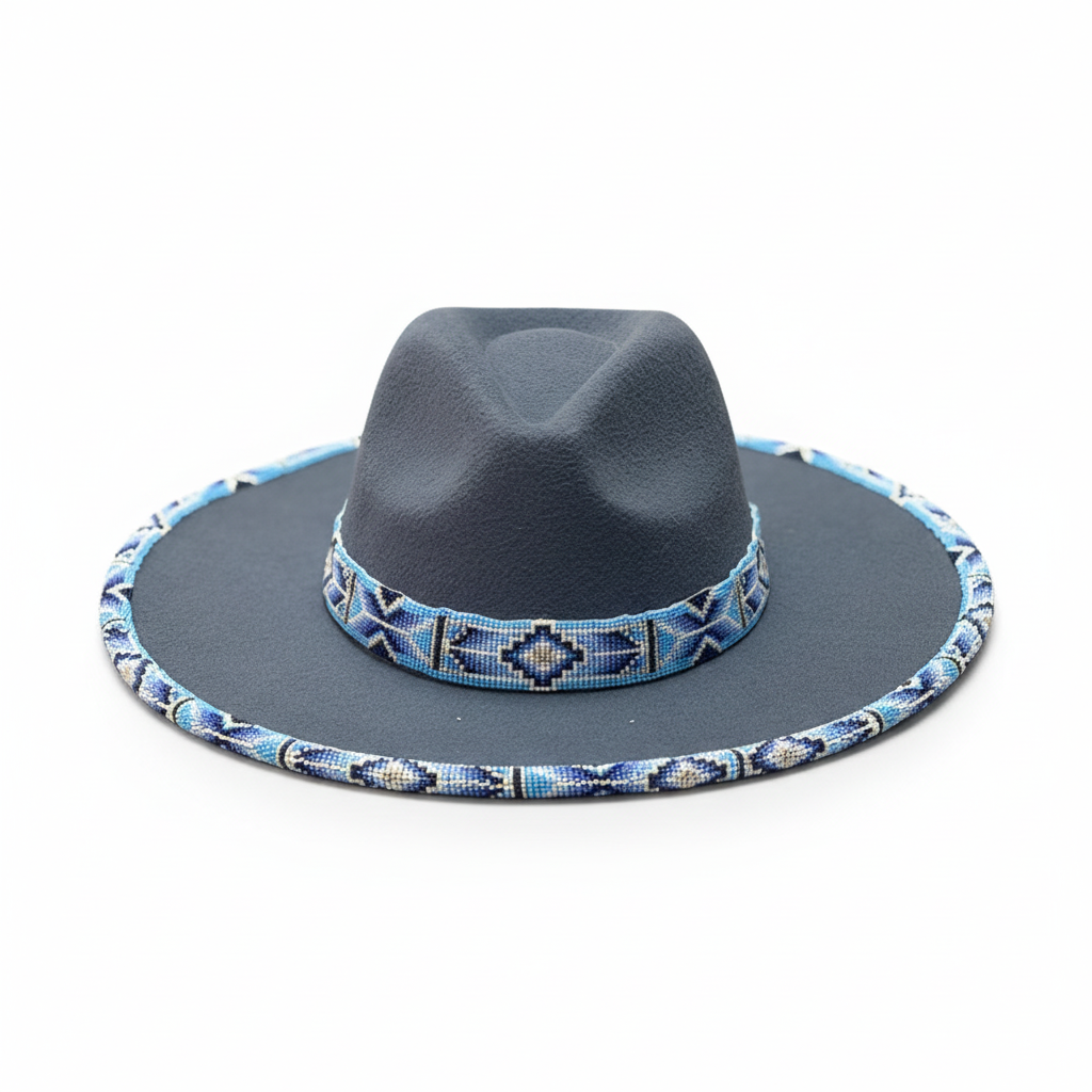 Blue Horizon Hand-Beaded Felt Flat-Brim Hat