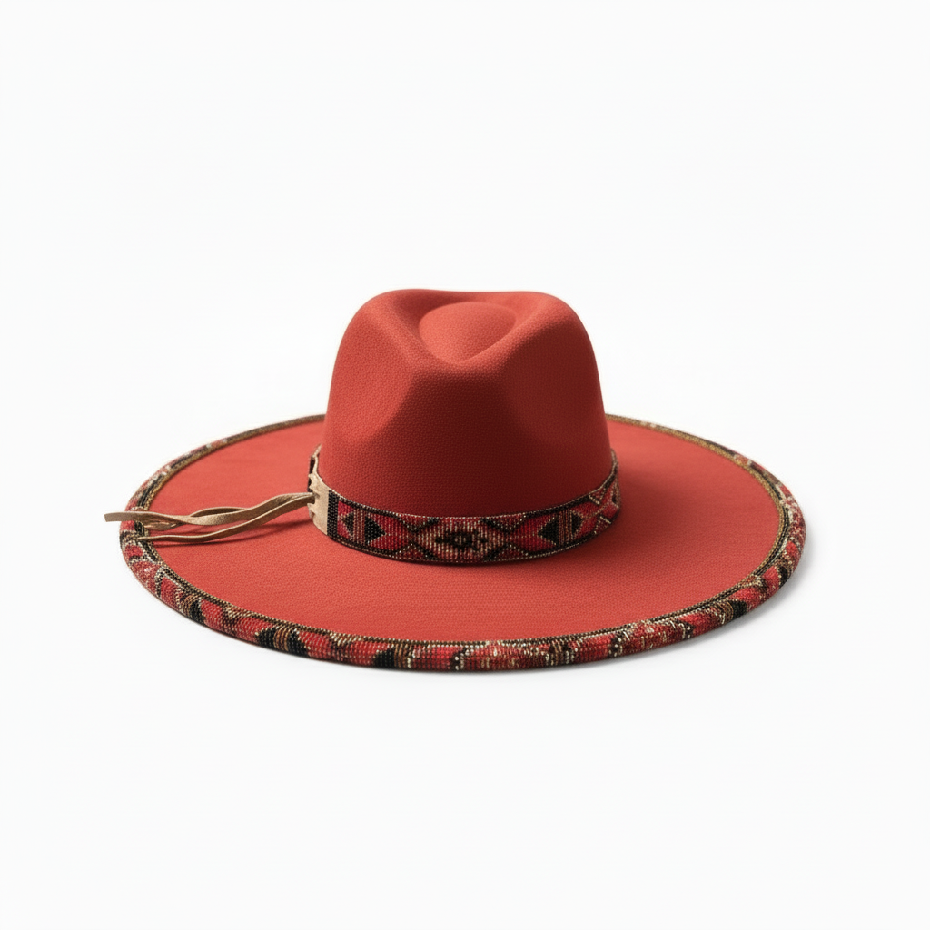 Crimson Ember Hand-Beaded Felt Flat-Brim Hat