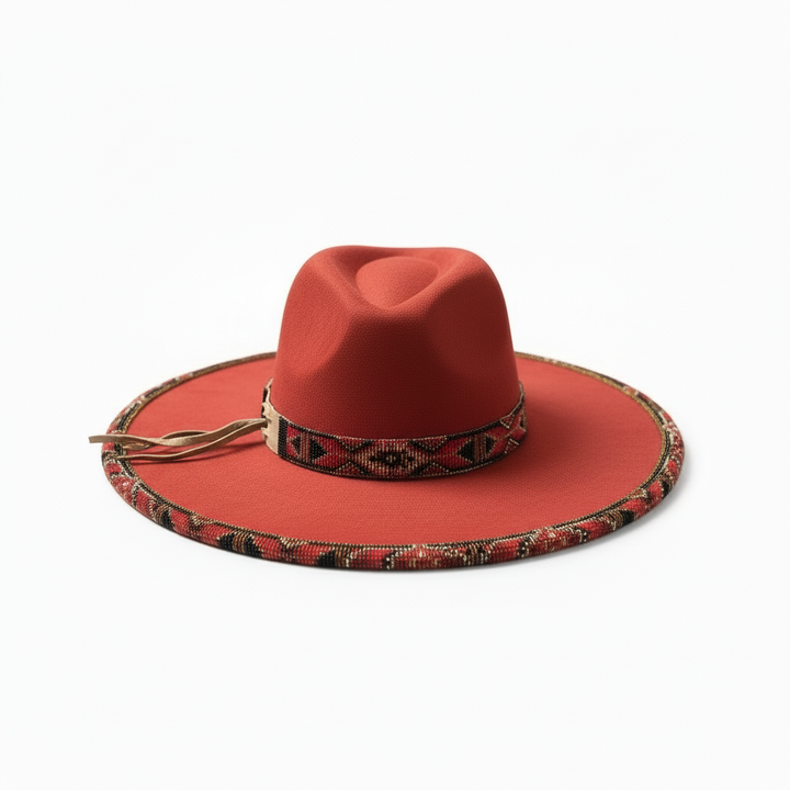 Crimson Ember Hand-Beaded Felt Flat-Brim Hat