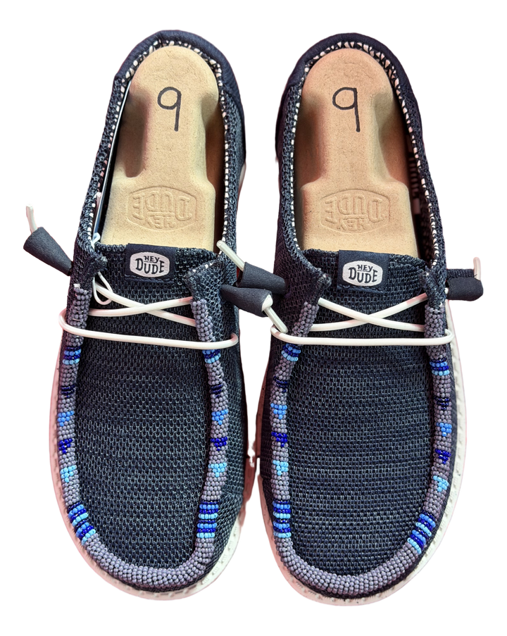 Women’s Hand-Beaded Hey Dude Mesh Navy Slip-On Shoes, Size 9