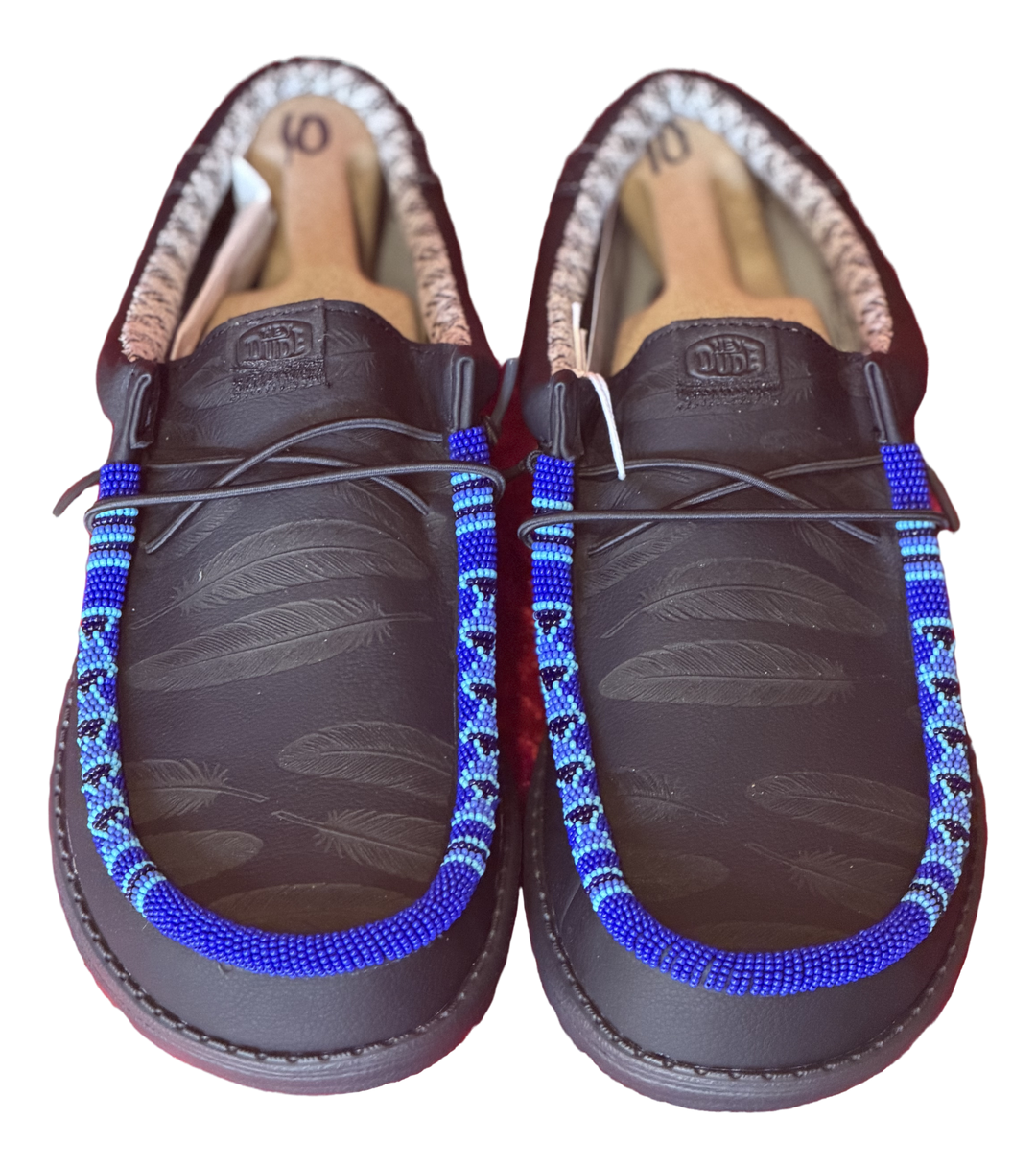 Men’s Hand-Beaded Hey Dude Laser Series Black / Blue Slip-On Shoes, Size 10