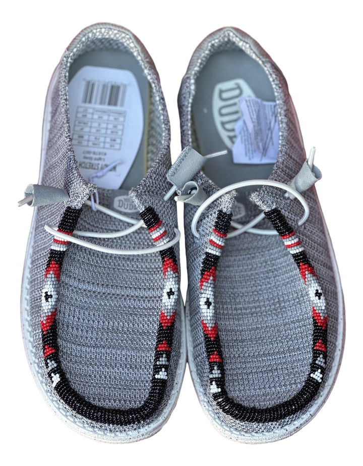 Women’s Hand-Beaded Hey Dude Stretch Light Gray Slip-On Shoes, Size 8