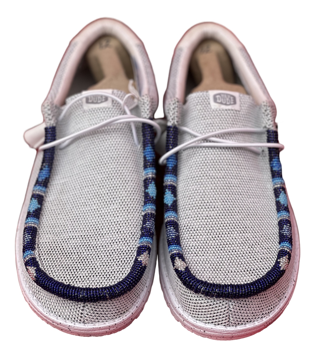 Men’s Hand-Beaded Hey Dude Mesh Gray / Blue Slip-On Shoes, Size 12