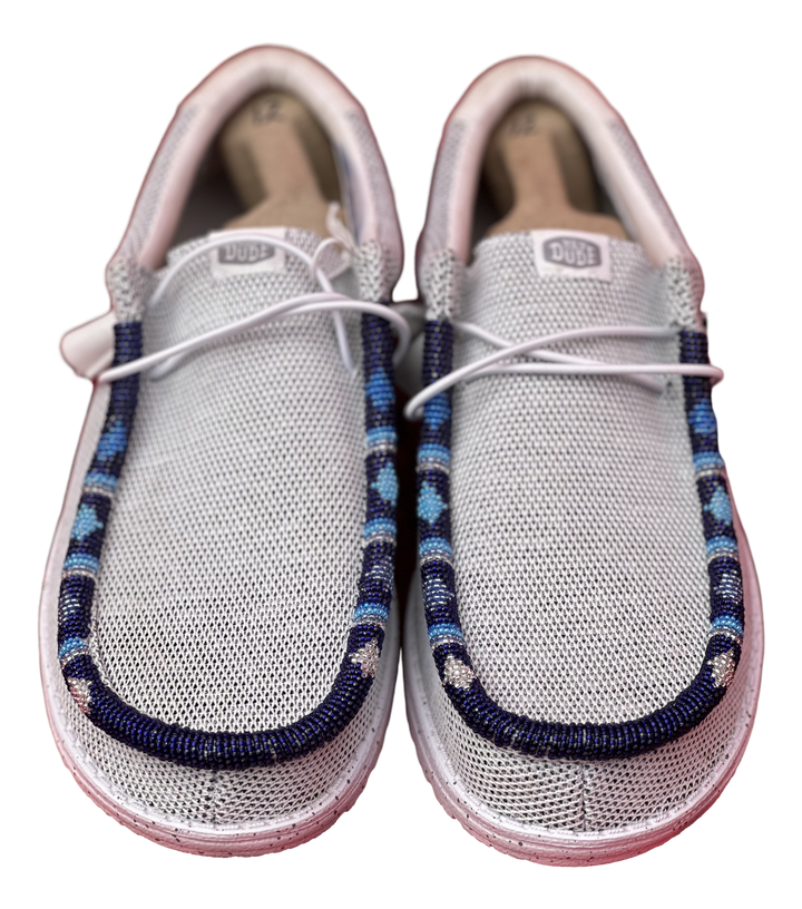 Men’s Hand-Beaded Hey Dude Mesh Gray / Blue Slip-On Shoes, Size 12
