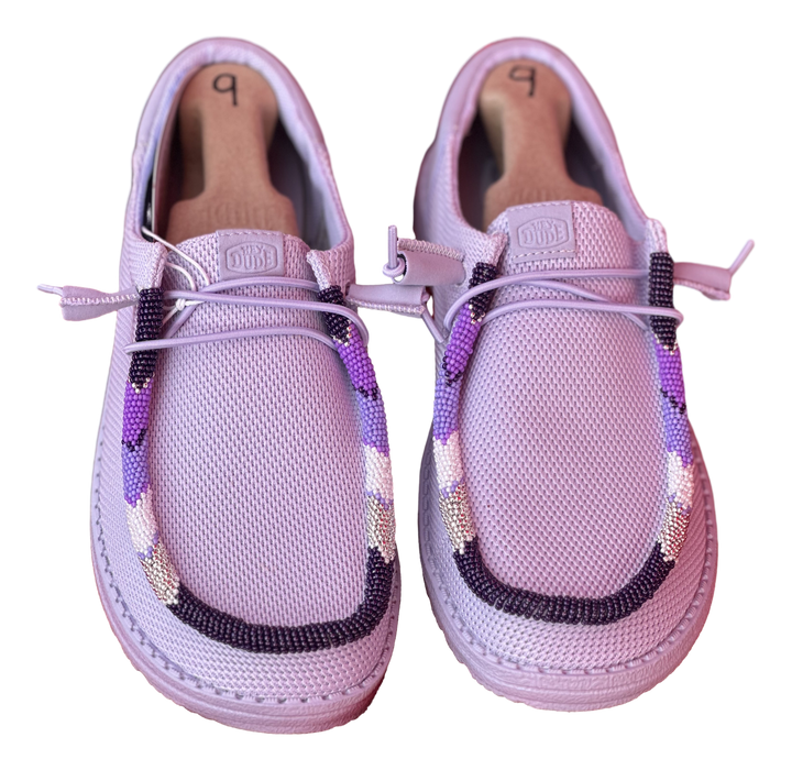 Women’s Hand-Beaded Hey Dude Mesh Purple Slip-On Shoes, Size 9