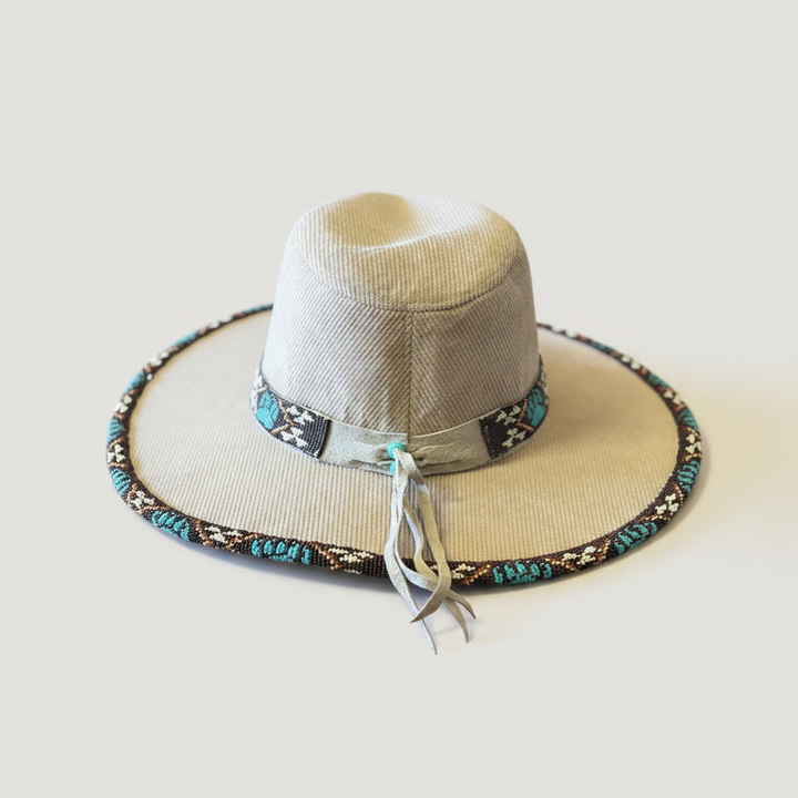 Turquoise Ironwood Hand-Beaded Felt Flat-Brim Hat