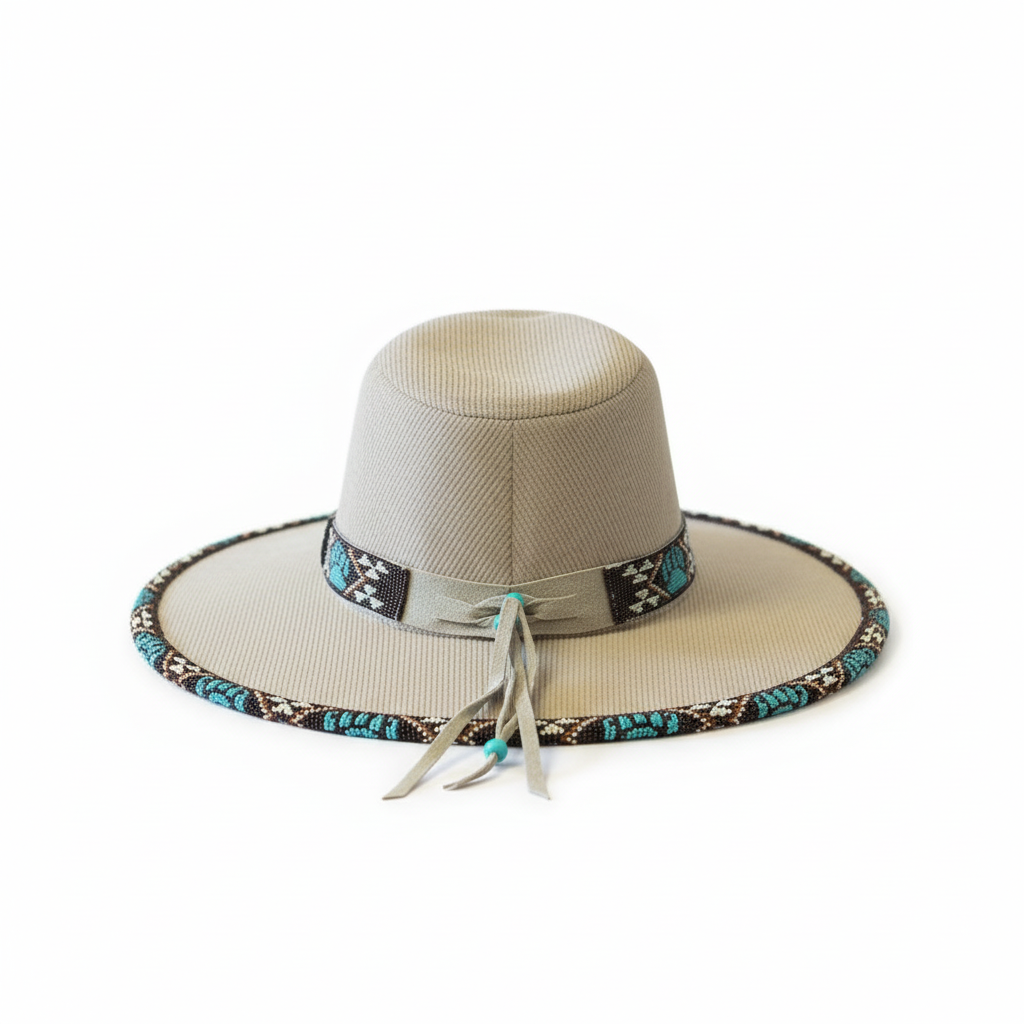 Turquoise Ironwood Hand-Beaded Felt Flat-Brim Hat