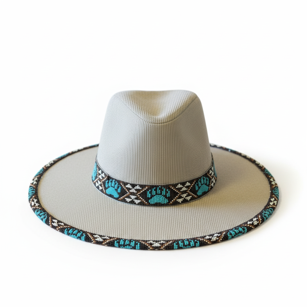 Turquoise Ironwood Hand-Beaded Felt Flat-Brim Hat