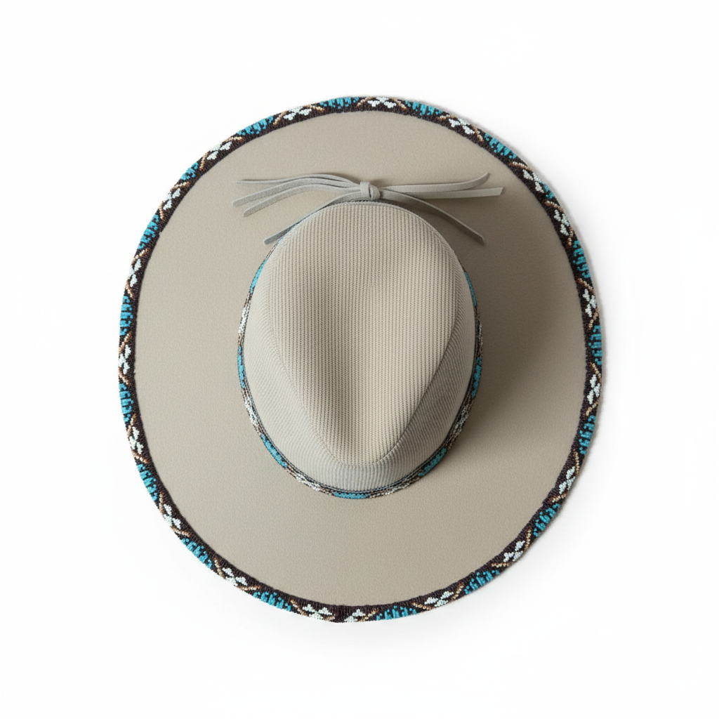 Turquoise Ironwood Hand-Beaded Felt Flat-Brim Hat