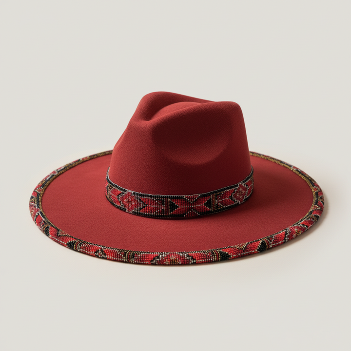 Crimson Ember Hand-Beaded Felt Flat-Brim Hat