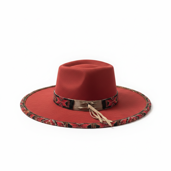 Crimson Ember Hand-Beaded Felt Flat-Brim Hat