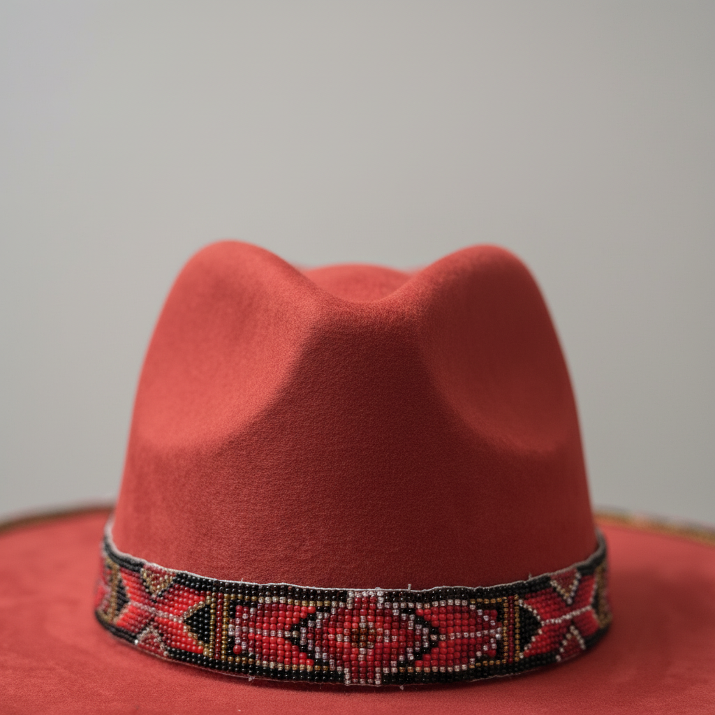 Crimson Ember Hand-Beaded Felt Flat-Brim Hat
