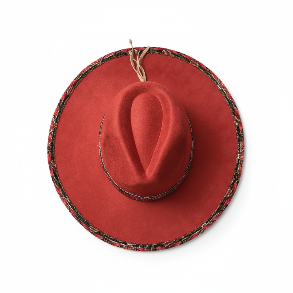 Crimson Ember Hand-Beaded Felt Flat-Brim Hat