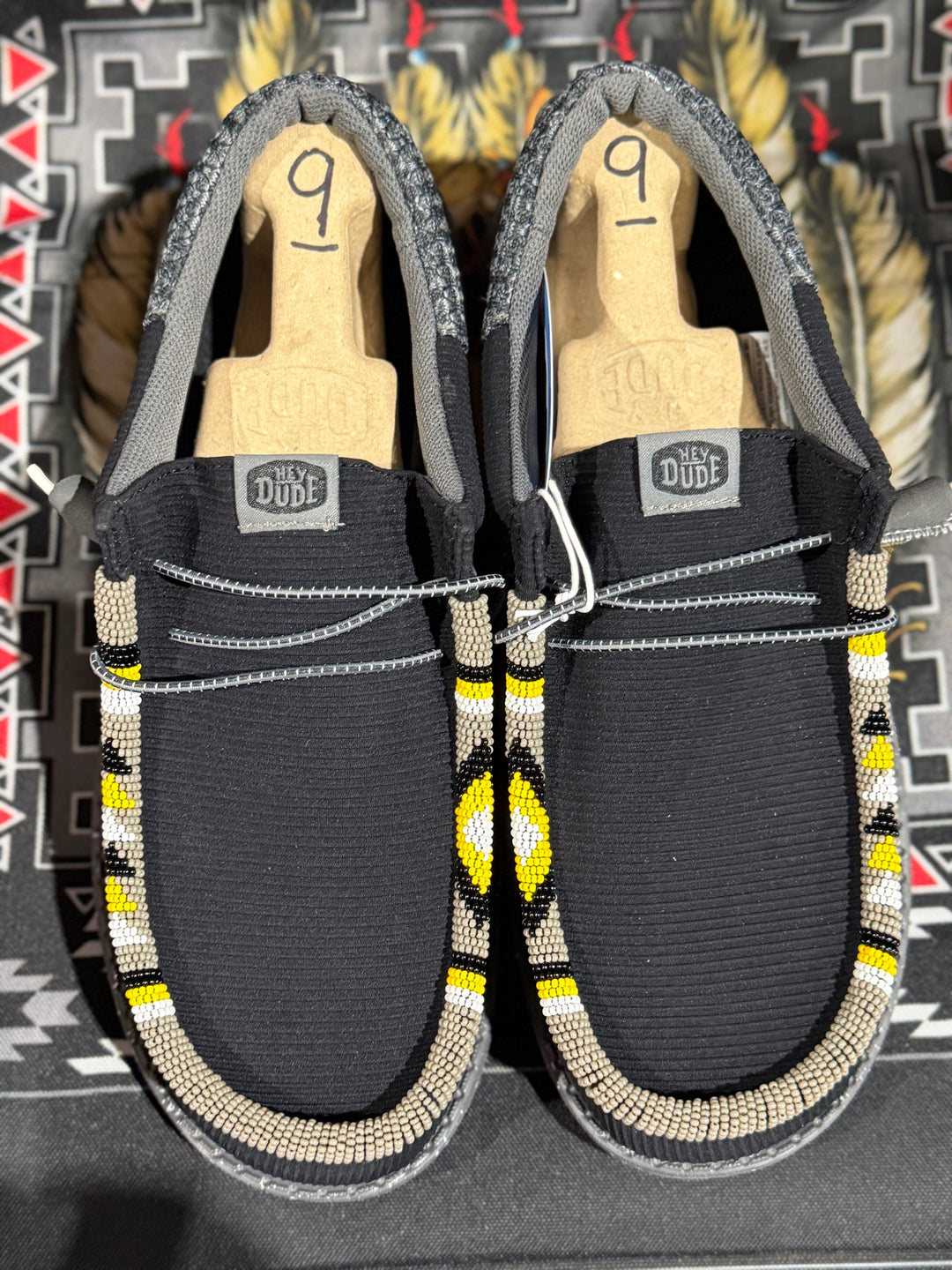 Men’s Hand-Beaded Hey Dude Mesh Black / Yellow Slip-On Shoes, Size 9