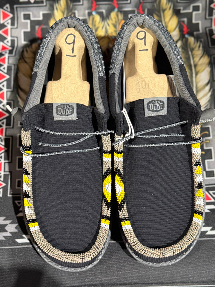 Men’s Hand-Beaded Hey Dude Mesh Black / Yellow Slip-On Shoes, Size 9