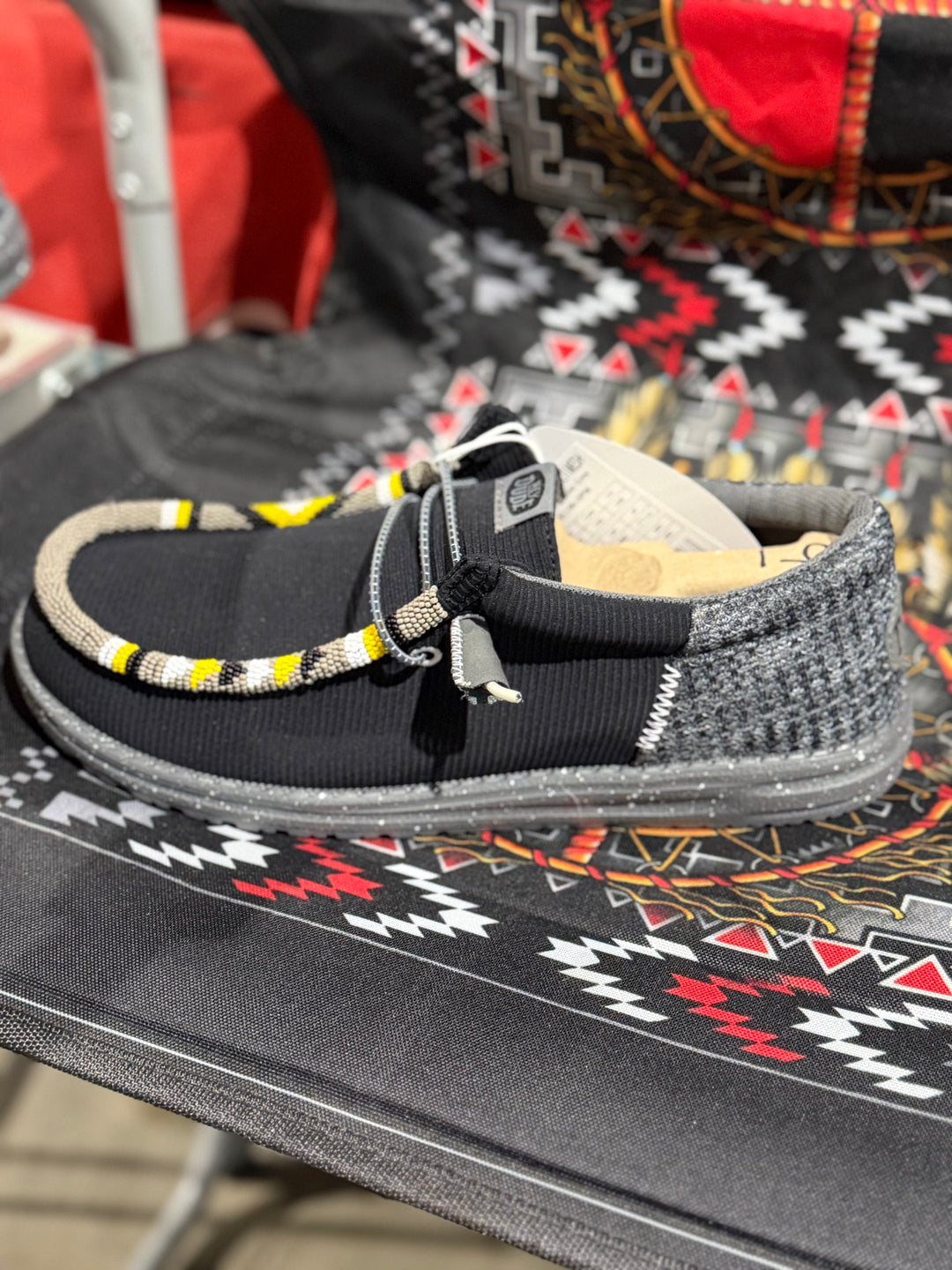 Men’s Hand-Beaded Hey Dude Mesh Black / Yellow Slip-On Shoes, Size 9