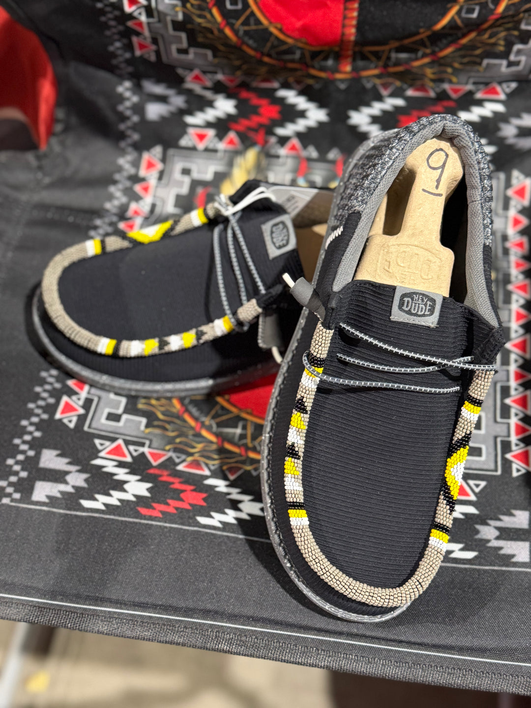 Men’s Hand-Beaded Hey Dude Mesh Black / Yellow Slip-On Shoes, Size 9