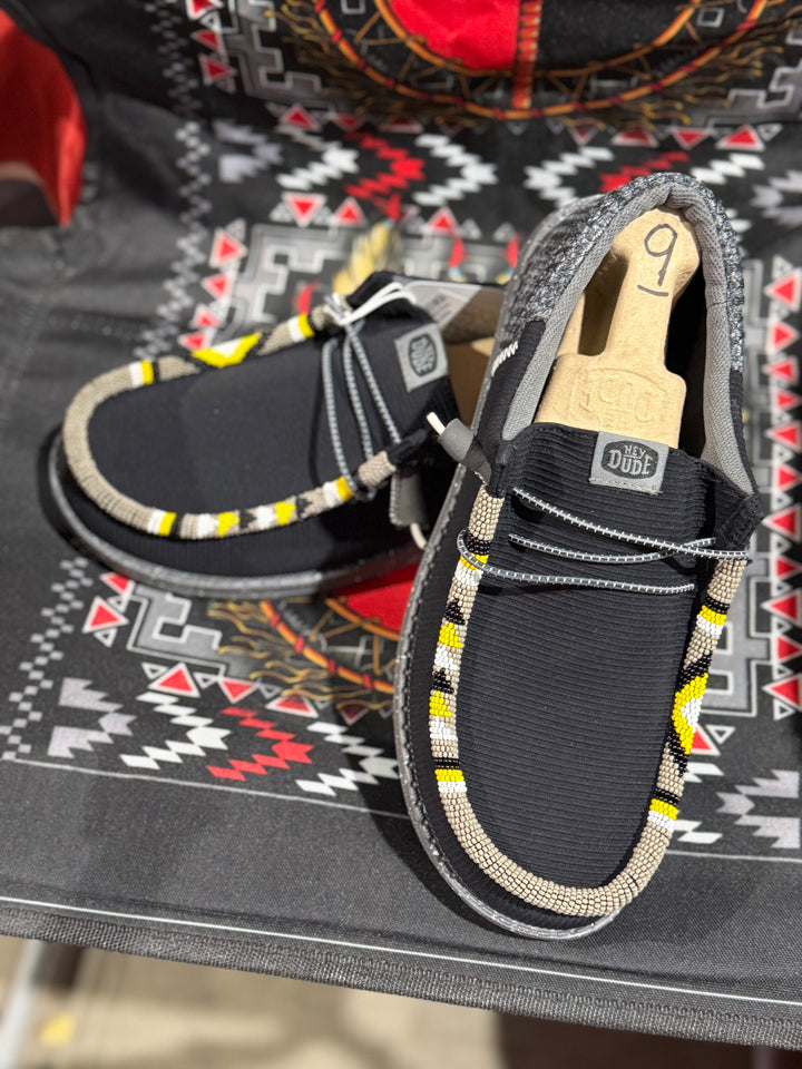Men’s Hand-Beaded Hey Dude Mesh Black / Yellow Slip-On Shoes, Size 9