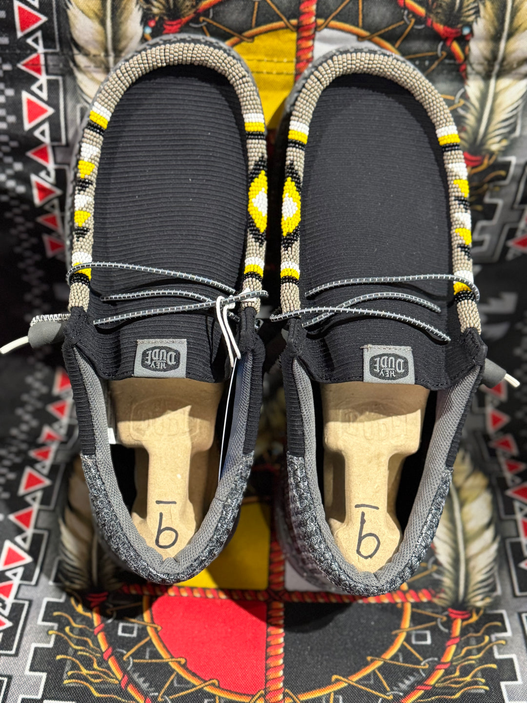 Men’s Hand-Beaded Hey Dude Mesh Black / Yellow Slip-On Shoes, Size 9