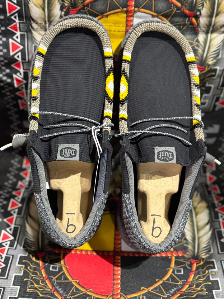 Men’s Hand-Beaded Hey Dude Mesh Black / Yellow Slip-On Shoes, Size 9
