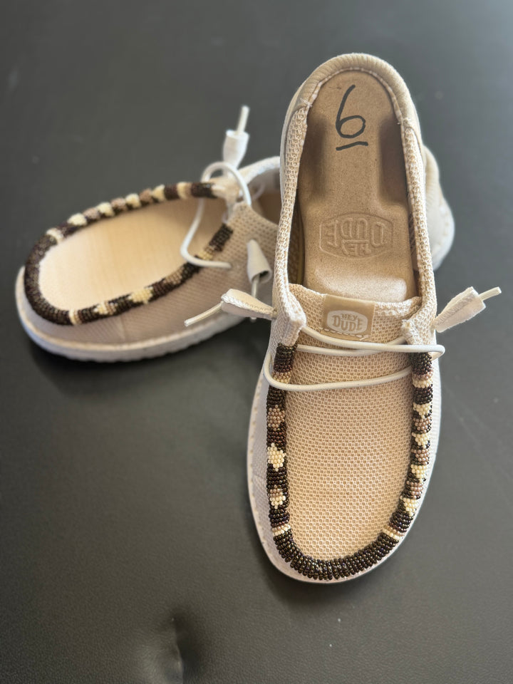 Women’s Hand-Beaded Hey Dude Mesh Tan Slip-On Shoes, Size 6