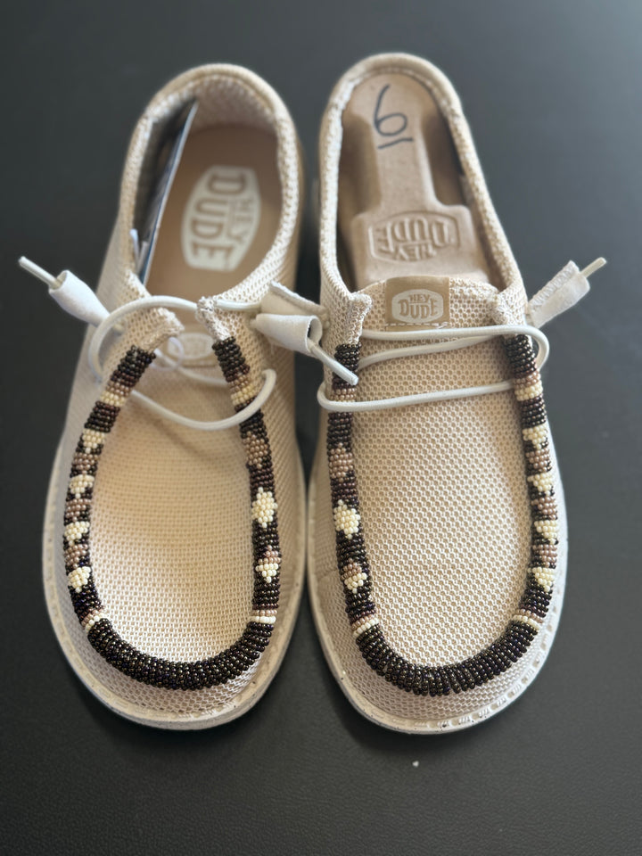 Women’s Hand-Beaded Hey Dude Mesh Tan Slip-On Shoes, Size 6