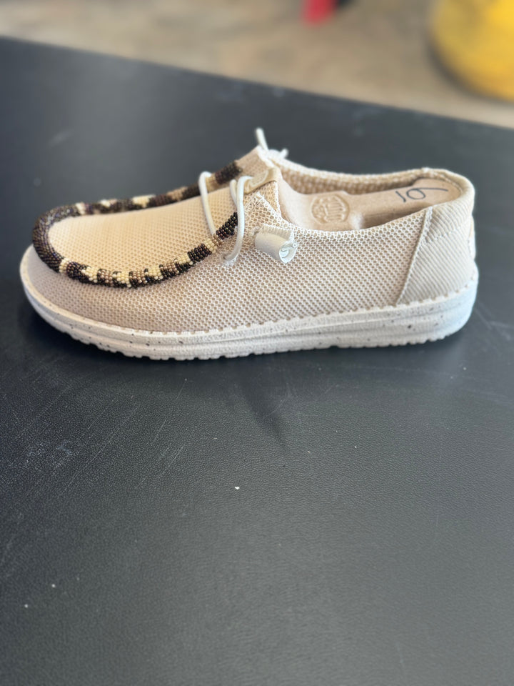 Women’s Hand-Beaded Hey Dude Mesh Tan Slip-On Shoes, Size 6