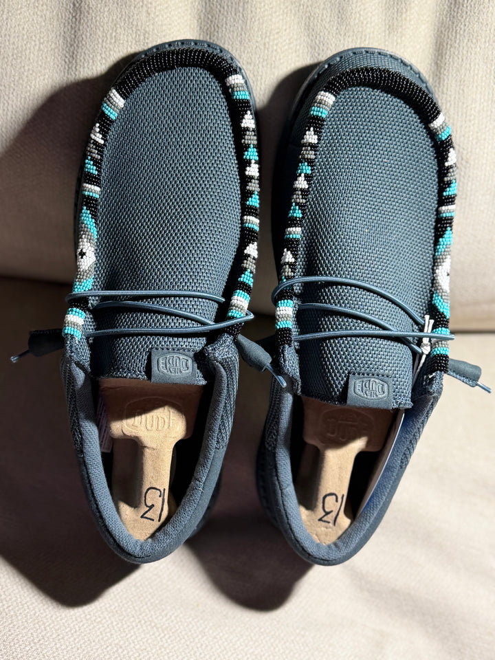 Men’s Hand-Beaded Hey Dude Mesh Gray Slip-On Shoes, Size 13