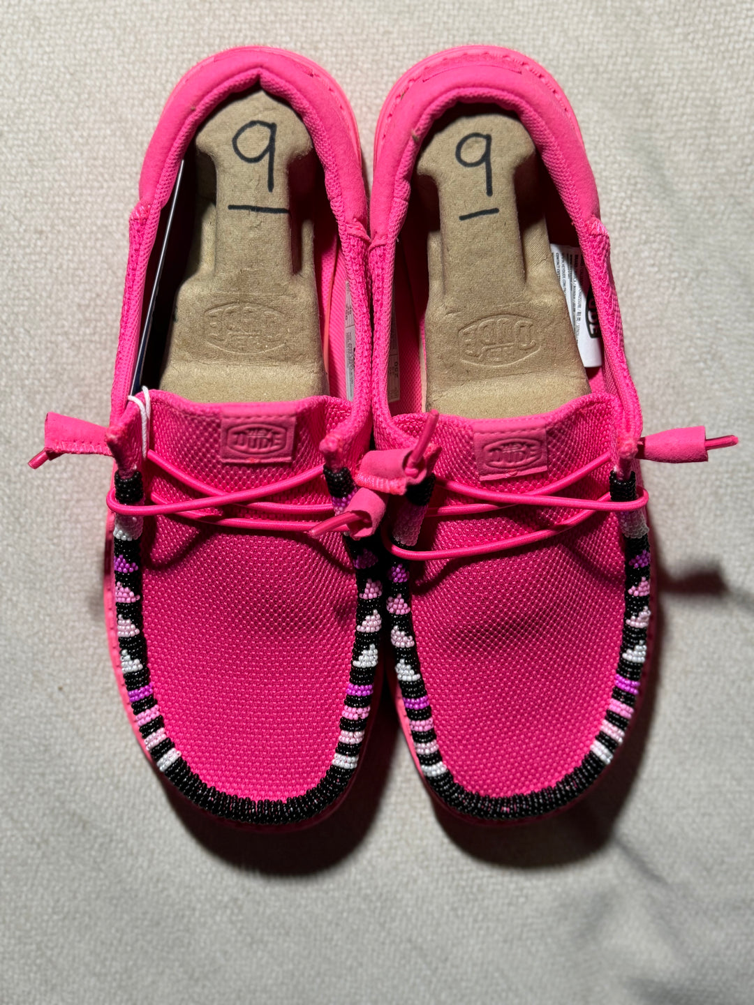 Women’s Hand-Beaded Hey Dude Mesh Electric Pink Slip-On Shoes, Size 9