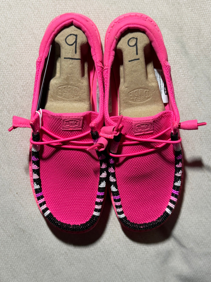 Women’s Hand-Beaded Hey Dude Mesh Electric Pink Slip-On Shoes, Size 9