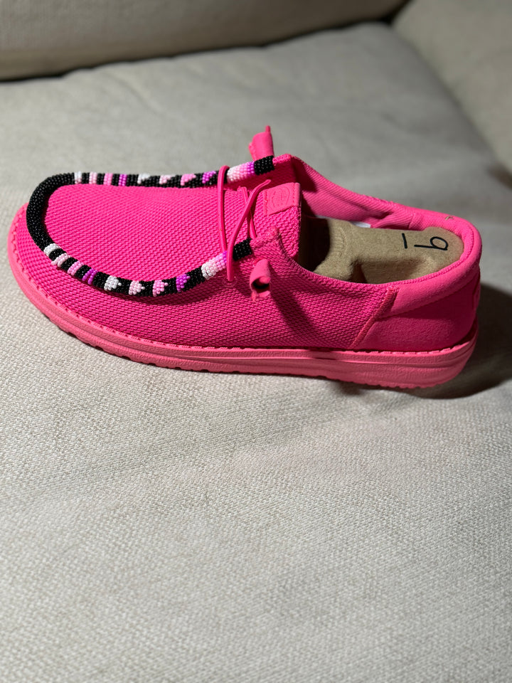 Women’s Hand-Beaded Hey Dude Mesh Electric Pink Slip-On Shoes, Size 9