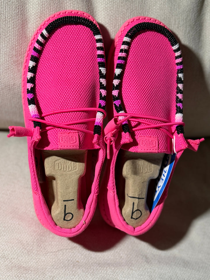 Women’s Hand-Beaded Hey Dude Mesh Electric Pink Slip-On Shoes, Size 9