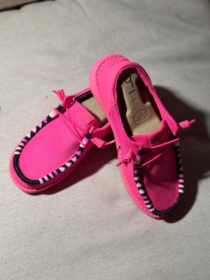 Women’s Hand-Beaded Hey Dude Mesh Electric Pink Slip-On Shoes, Size 9