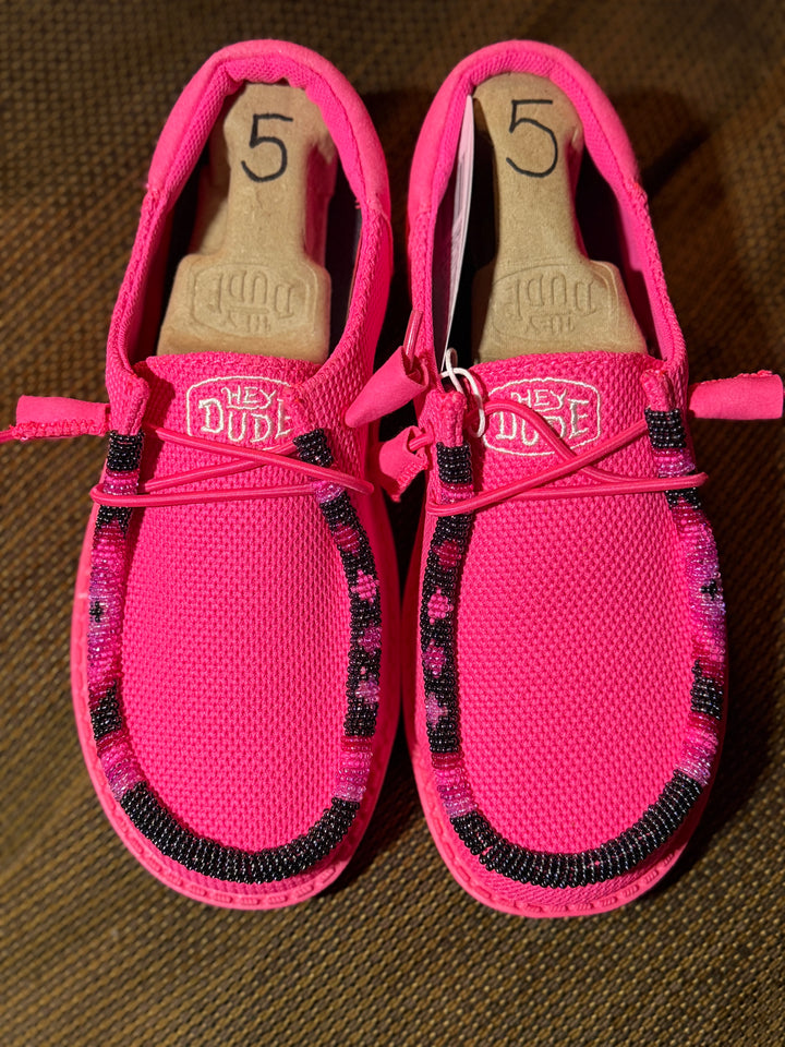 Women’s Hand-Beaded Hey Dude Mesh Electric Pink Slip-On Shoes, Size 5