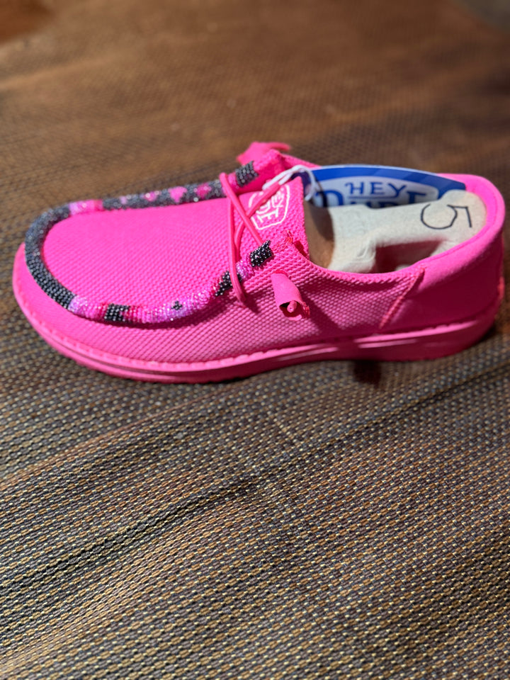 Women’s Hand-Beaded Hey Dude Mesh Electric Pink Slip-On Shoes, Size 5