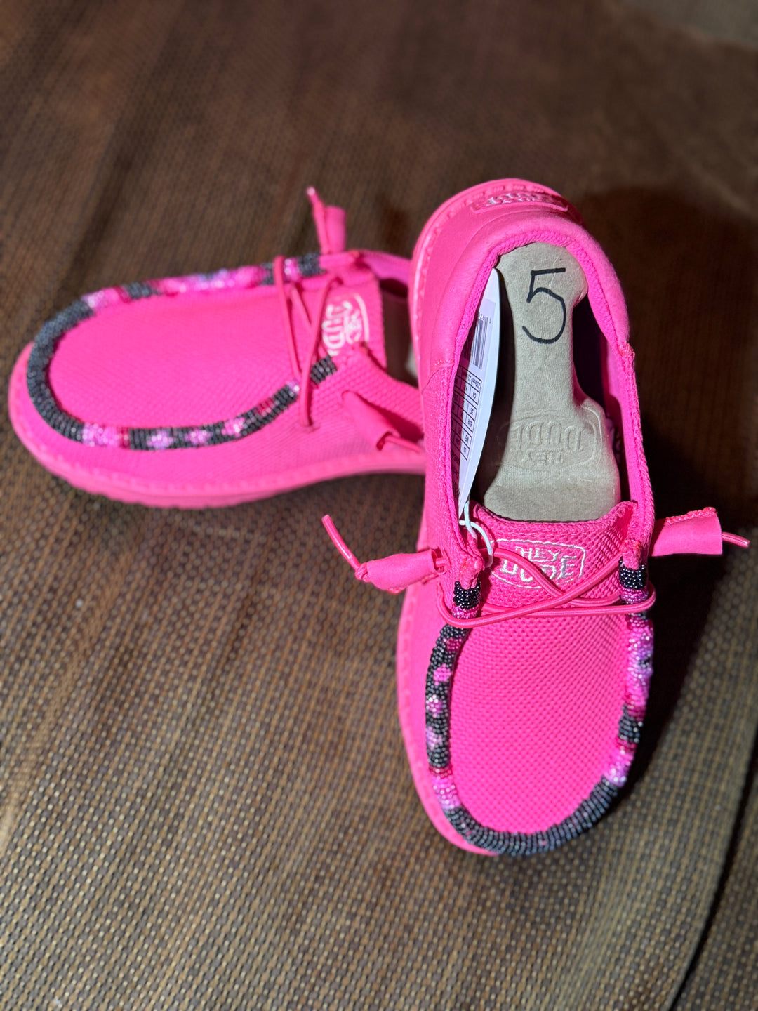 Women’s Hand-Beaded Hey Dude Mesh Electric Pink Slip-On Shoes, Size 5
