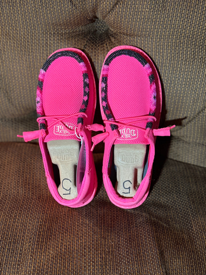 Women’s Hand-Beaded Hey Dude Mesh Electric Pink Slip-On Shoes, Size 5
