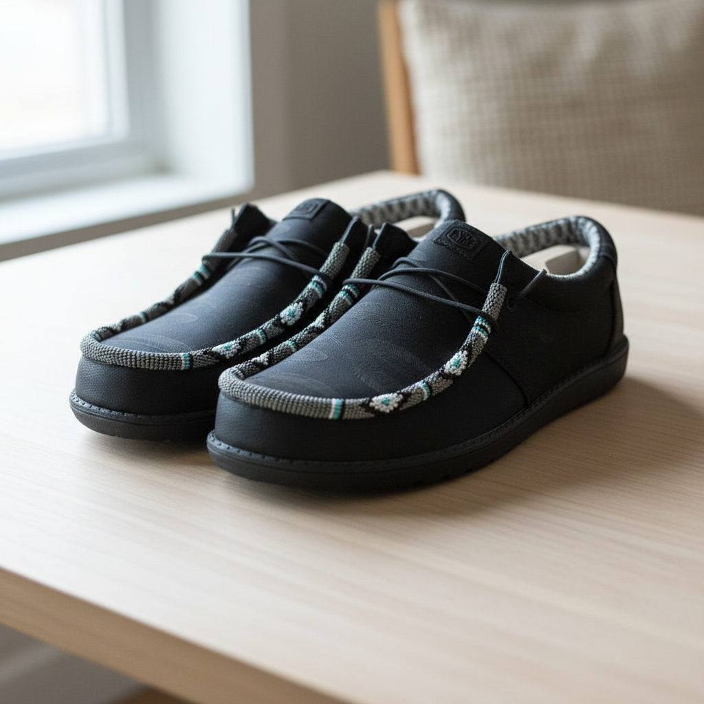 Men’s Hand-Beaded Hey Dude Laser Series Black Slip-On Shoes, Size 12