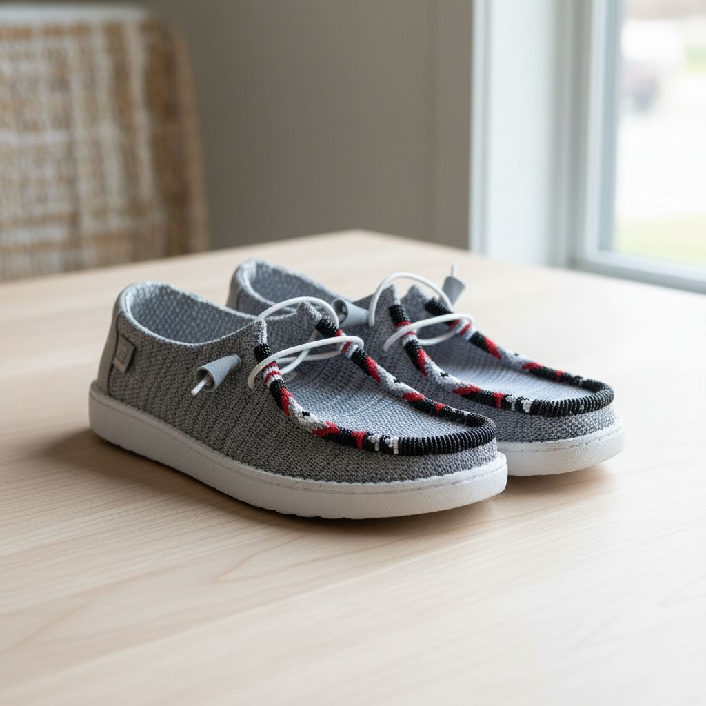 Women’s Hand-Beaded Hey Dude Stretch Light Gray Slip-On Shoes, Size 8