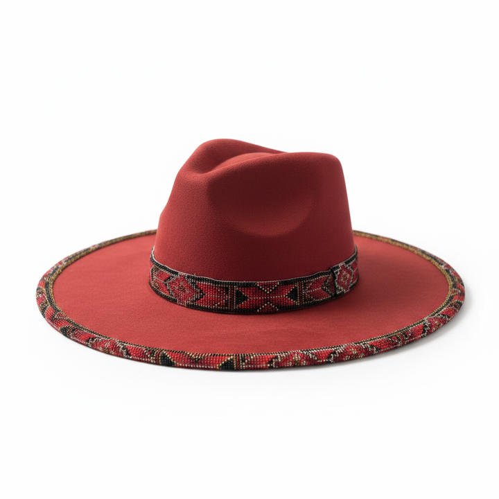 Crimson Ember Hand-Beaded Felt Flat-Brim Hat
