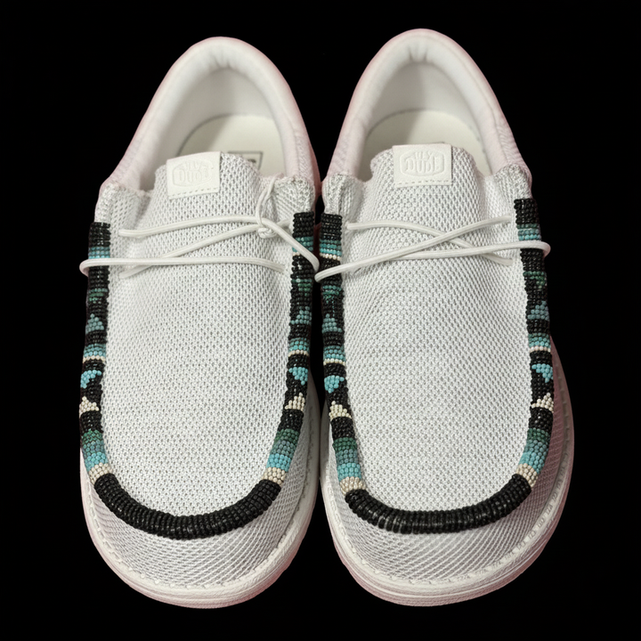 Women’s Hand-Beaded Hey Dude Mesh Light Gray Slip-On Shoes, Size 9