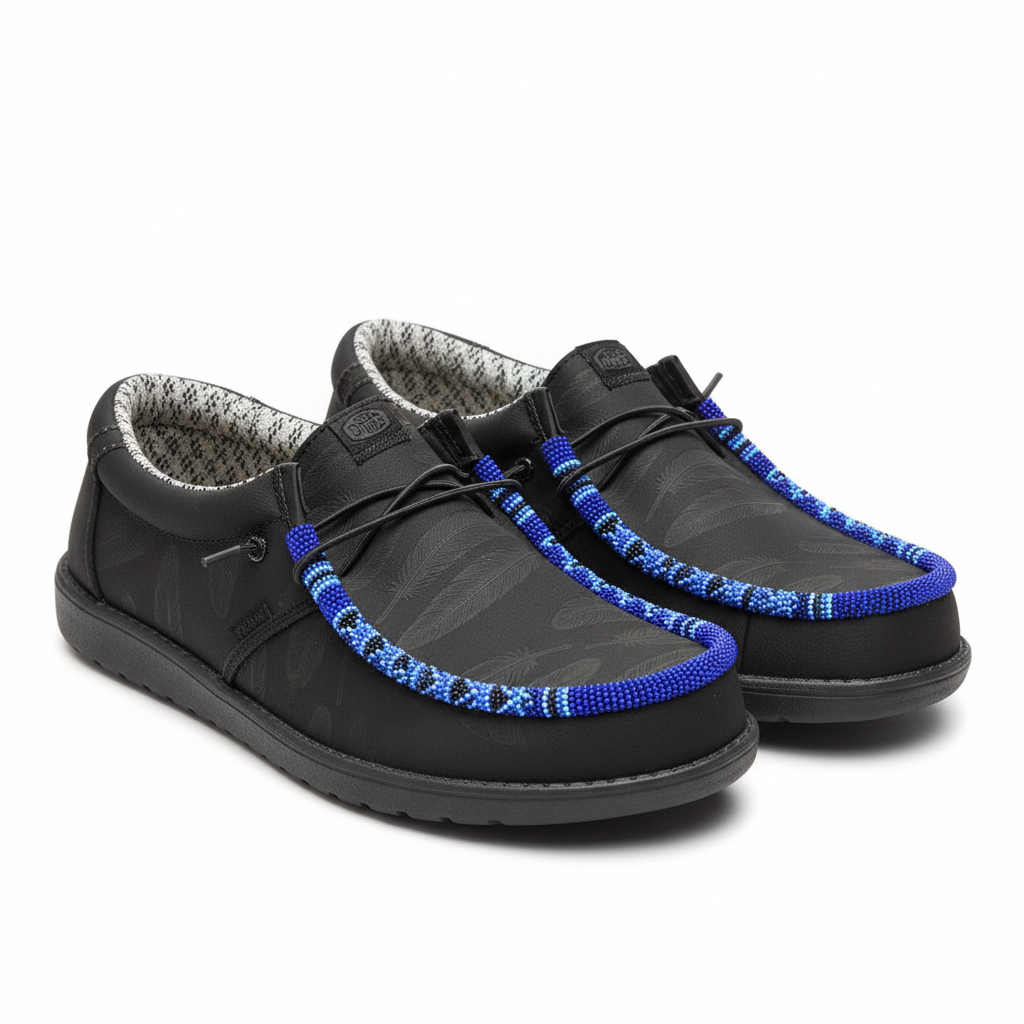 Men’s Hand-Beaded Hey Dude Laser Series Black / Blue Slip-On Shoes, Size 10