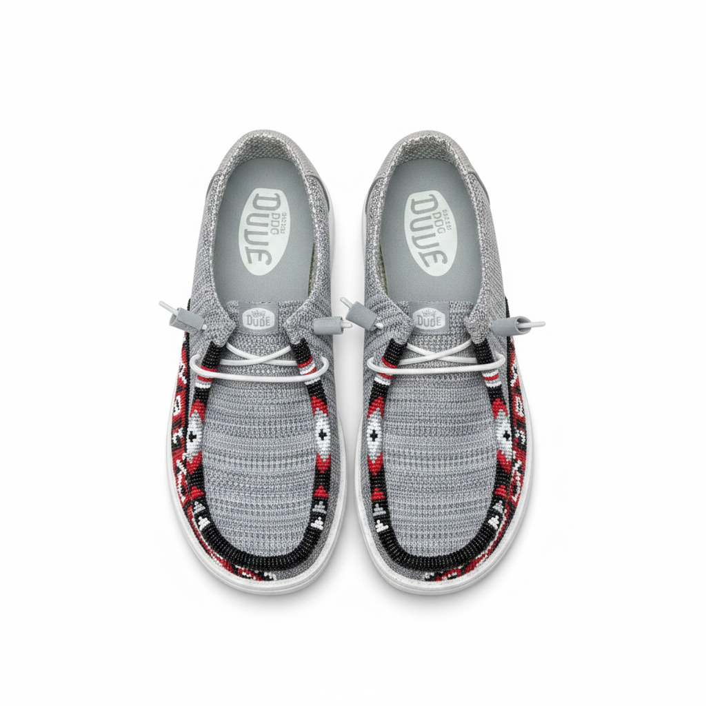 Women’s Hand-Beaded Hey Dude Stretch Light Gray Slip-On Shoes, Size 8