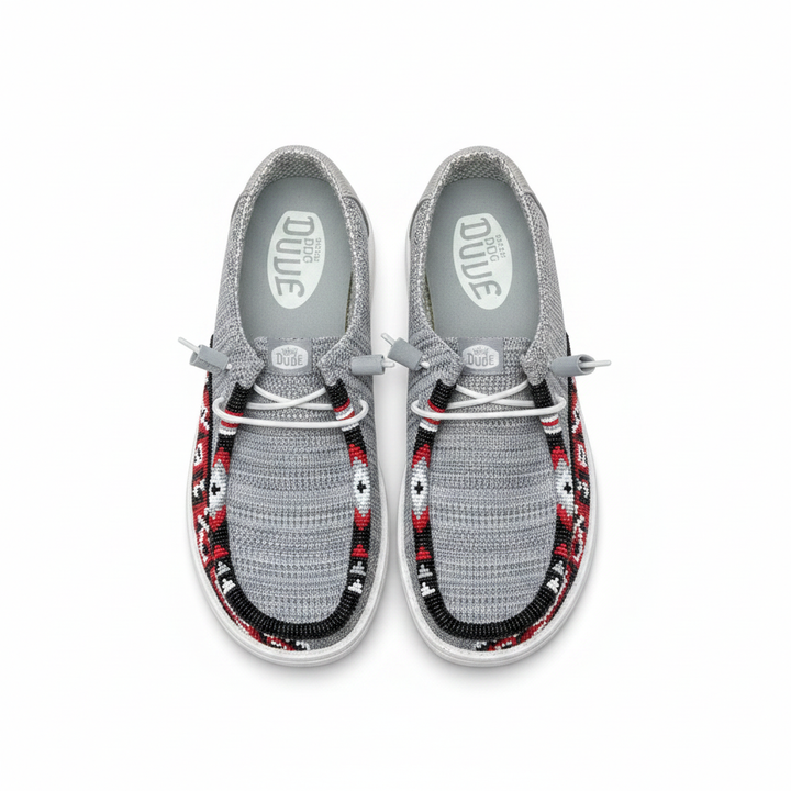 Women’s Hand-Beaded Hey Dude Stretch Light Gray Slip-On Shoes, Size 8