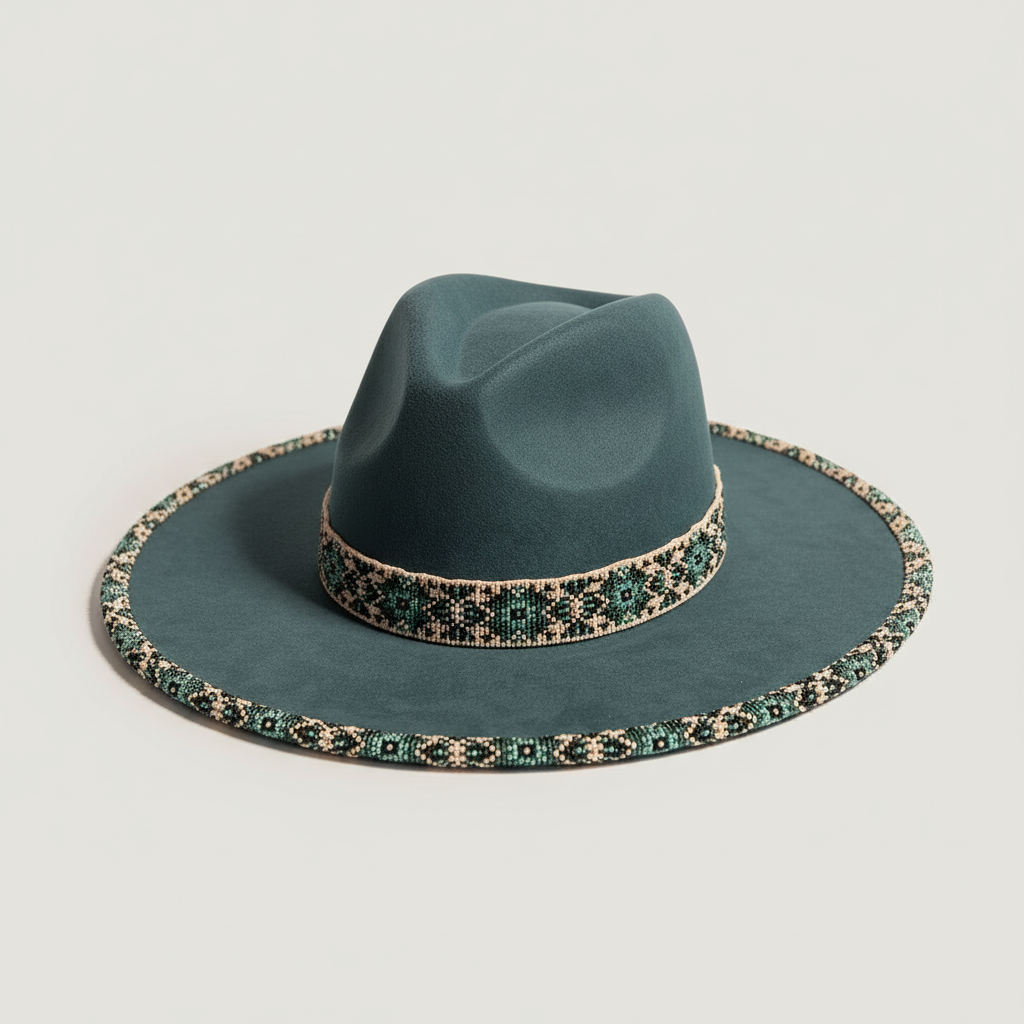 Deep Teal Mosaic Hand-Beaded Felt Flat-Brim Hat
